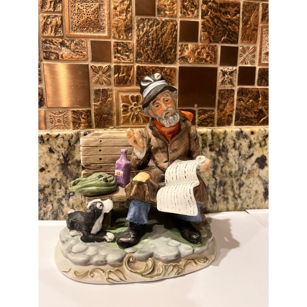 Lefton China Hand Painted Hobo on Bench with Dog Porcelain Figurine 2311 Vintage